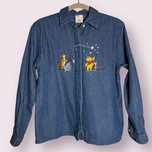 Vintage Disney Winnie The Pooh & Friends Denim Button Up Long Sleeve Shirt Small